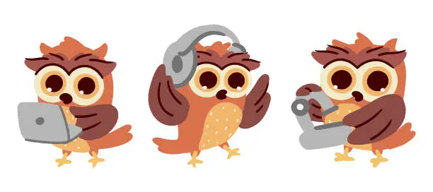 Vector illustration of Owl . Set of cute cartoon characters . Hand drawn style . Technology concept . Vector .