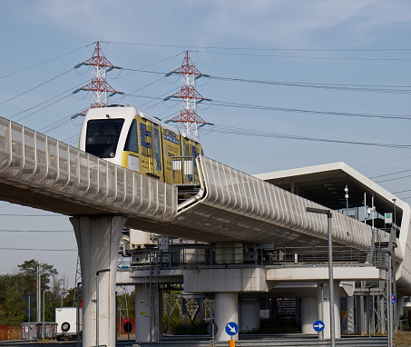 Bologna - Italy - September 2, 2023: Elevated electric monorail People Mover, Marconi Express. Connecting Marconi Airport with Bologna Railway Station.