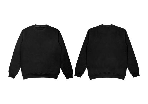 Blank sweatshirt color black template front and back view on white background. crew neck mock up Blank sweatshirt color black template front and back view on white background. crew neck mock up round neckline stock pictures, royalty-free photos & images