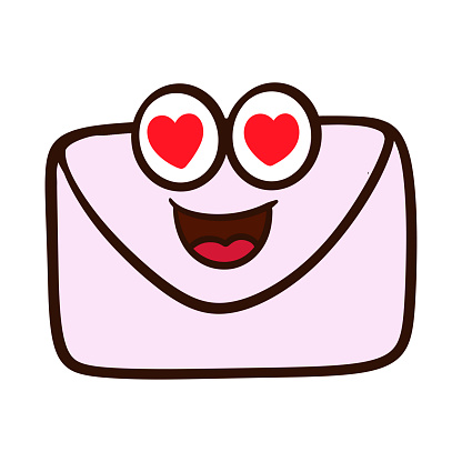 Hand drawn outline funny envelope smiling with heart love eyes cartoon illustration