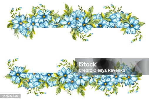 istock Frame of blue watercolor flowers 1675373401