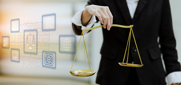 Lawyer with law network interface icons, Justice and law concept.