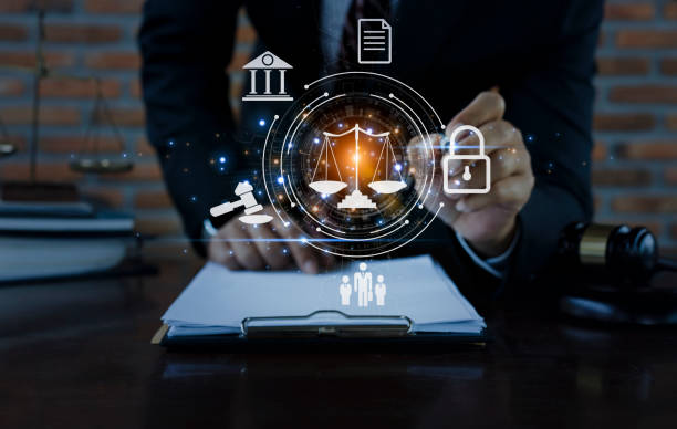 istock Lawyer hands working with law network interface icons. 1675379249