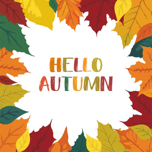 istock Hello Autumn square frame with fallen leaves of vibrant colors, editable Fall banner or postcard on white background 1675397911