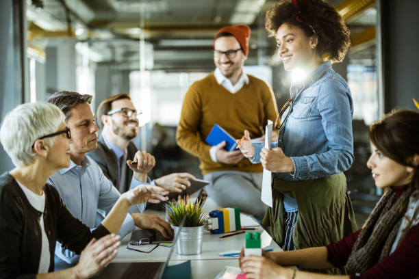 istock Happy creative team presenting their plan to business people in the office. 1675405360