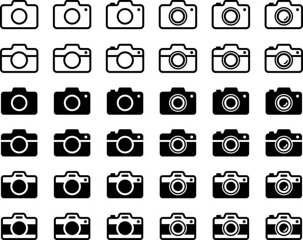 ilustraciones, imágenes clip art, dibujos animados e iconos de stock de conjunto de ilustraciones vectoriales de cámara monocromática - silhouette photographer photographing photograph