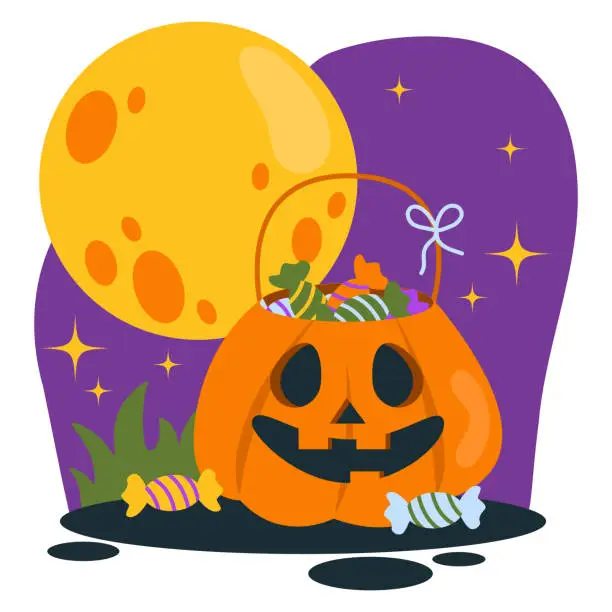 Vector illustration of Set of Halloween illustrations. Pumpkin basket with sweets, candies. Background with big moon and stars. Vector graphic.