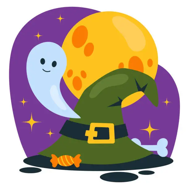 Vector illustration of Set of Halloween illustrations. Witch hat, candy, bone, ghost. Background with big moon and stars. Vector graphic.
