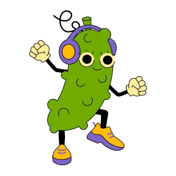 Vector illustration of Funny cartoon character - dancing Pickle in headphones. Vector graphic.