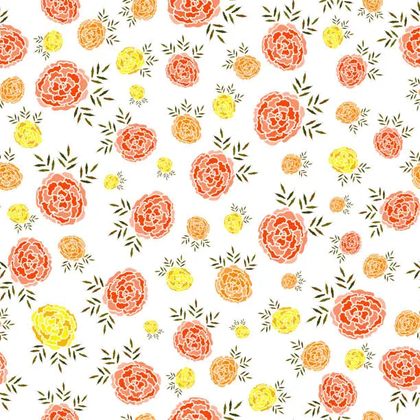 Vector illustration of Seamless pattern with colorful marigold flowers with jagged leaves and petals  on a white background