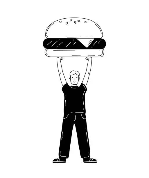 Vector illustration of Tiny man with a huge burger. A small man is holding a large cheeseburger.