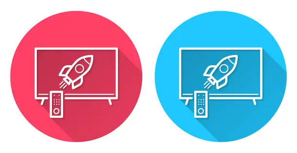 Vector illustration of TV with rocket. Round icon with long shadow on red or blue background