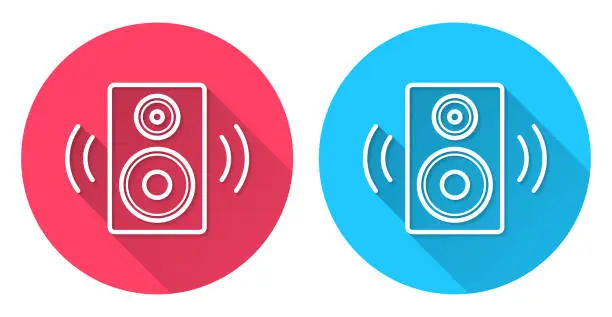 Vector illustration of Speaker. Round icon with long shadow on red or blue background