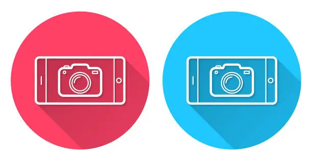 Vector illustration of Smartphone with camera. Round icon with long shadow on red or blue background