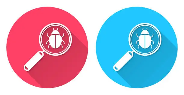 Vector illustration of Magnifying glass with bug. Round icon with long shadow on red or blue background