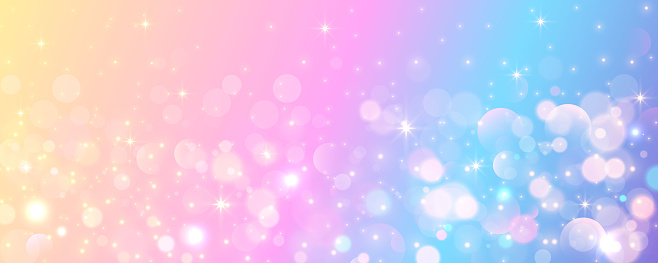 Rainbow unicorn background. Pastel watercolor sky with glitter stars and bokeh. Fantasy galaxy with holographic texture. Magic marble space. Vector illustration.