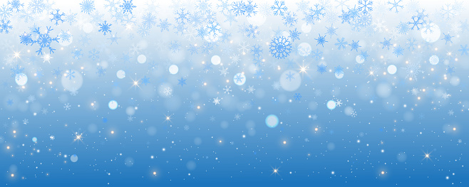 Winter snowflakes background. Icy cold snowfall on light blue backdrop. Magic Christmas sky with crystal stars and bokeh. Vector abstract wallpaper.