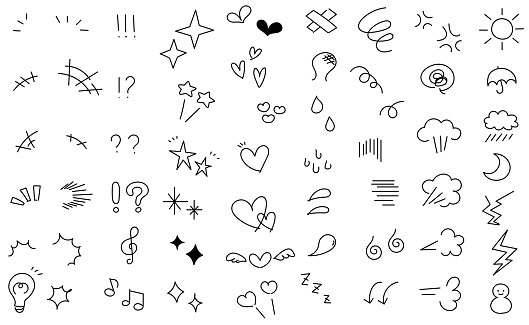 Monochrome hand-drawn comic icon set. Various symbols for expressing emotions.