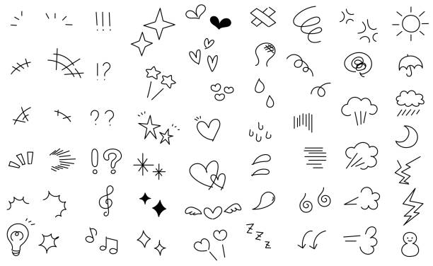 Monochrome hand-drawn comic icon set. Monochrome hand-drawn comic icon set. Various symbols for expressing emotions. bad heart stock illustrations