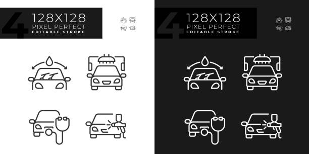 pixel perfect ciemny i jasny zestaw ikon liniowych serwisu samochodowego - mechanic window repairing paint stock illustrations