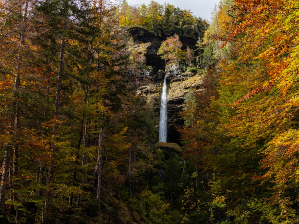 Giessbach Falls waterfall in Switzerland on an overcast day