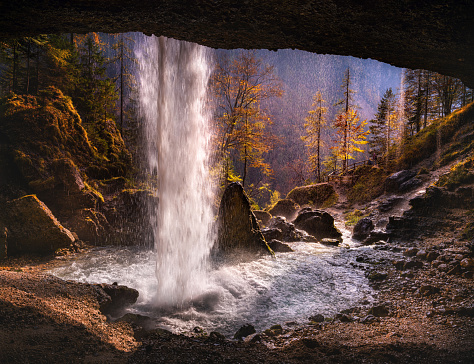 View on Pericnik waterfall at Triglav national park during autumn day in Slovenia.