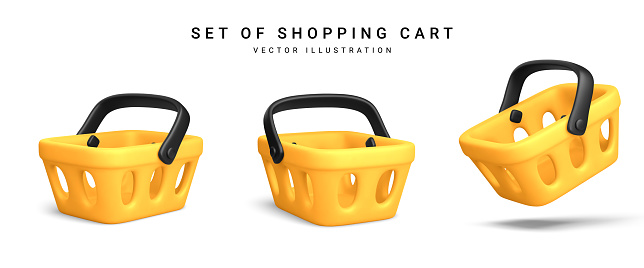 Set of 3d realistic yellow plastic shopping cart isolated on white background. Vector illustration.