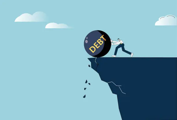 Vector illustration of Men push debt balls off cliffs.