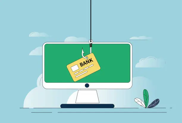 Vector illustration of Phishing, computers, fish hooks, bank cards.