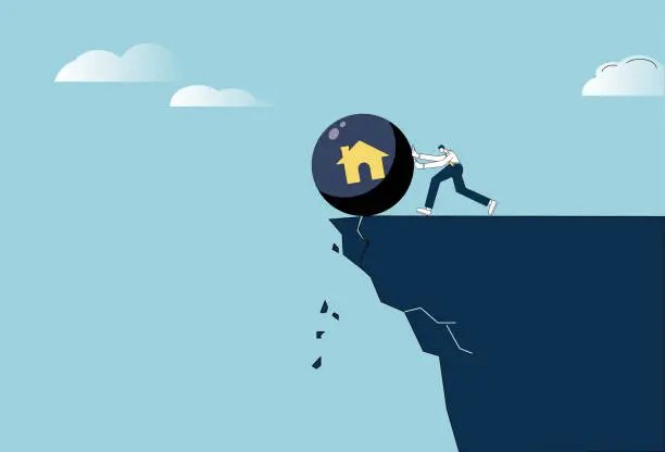Vector illustration of The man pushed the mortgage ball off the cliff.