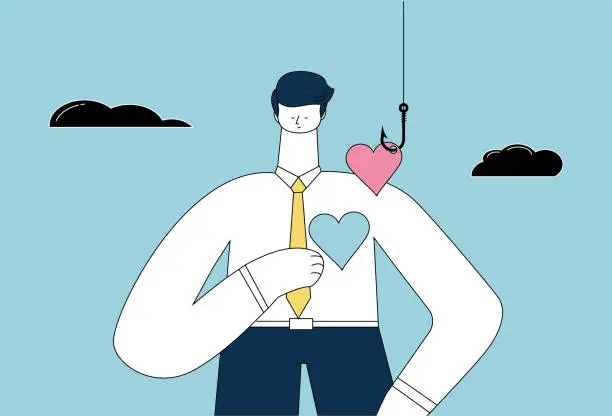 Vector illustration of A man's heart is stolen with a fishhook.