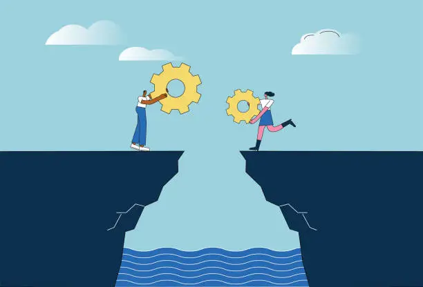 Vector illustration of A woman and a man are putting together gears on a cliff.
