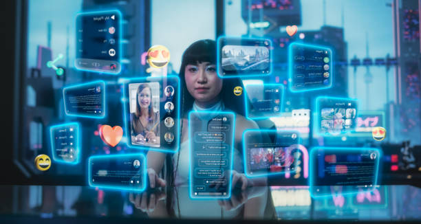 istock Stylish Japanese Young Woman Interacting with Augmented Reality Platform in a Technologically Advanced Room with Futuristic Cyberpunk City in the Background. She is Checking Social Media 1675570617