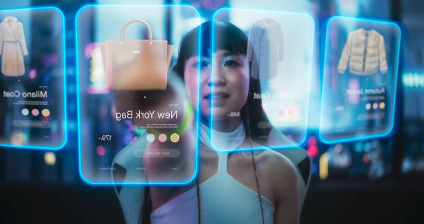 jeune femme japonaise élégante interagissant avec une plate-forme de réalité augmentée dans une pièce technologiquement avancée avec une ville cyberpunk futuriste en arrière-plan. belle fille faisant des achats en ligne - magasin du futur photos et images de collection