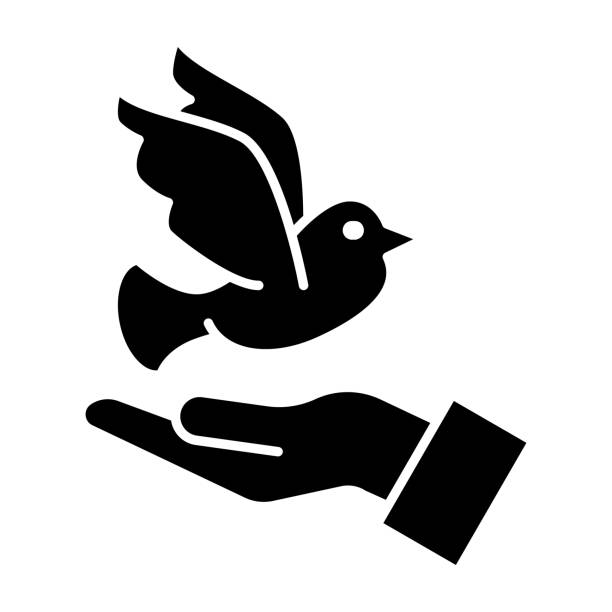 gołąb pod ręką solidna ikona, koncepcja charytatywna, gołąb z ludzkim znakiem dłoni na białym tle, gołąb pokoju lecący z otwartych rąk ikona w stylu mobile web design. grafika wektorowa. - hand sign peace sign palm human hand stock illustrations