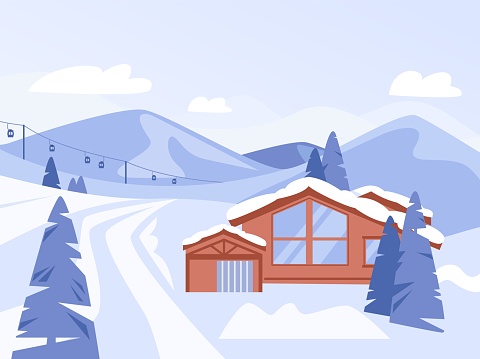 Winter cozy chalet in mountains. Ski resort landscape, christmas holidays travel and rest. Snow nature and slopes, kicky vector background of cozy winter house or cottage illustration