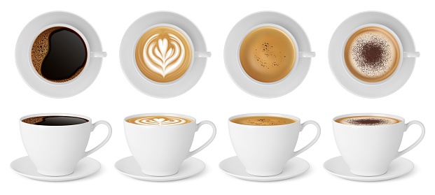 Realistic white coffee cup top view. Isolated cappuccino, espresso and latte. Cafe cups 3d mockup. Morning energy drinks with milkk, pithy vector set of drink hot coffee illustration
