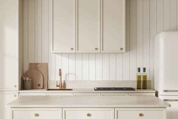 istock Luxury home kitchen interior with countertop and cooking space with kitchenware 1675588703