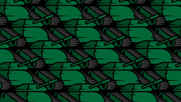 horizontales banner mit vorrückender armee von panzerkolonnen mit grüner färbung und langem lauf zum abfeuern von projektilen auf den feind. schwere artillerieausrüstung. vektor isoliert auf schwarzem hintergrund - panzerdivision stock-grafiken, -clipart, -cartoons und -symbole