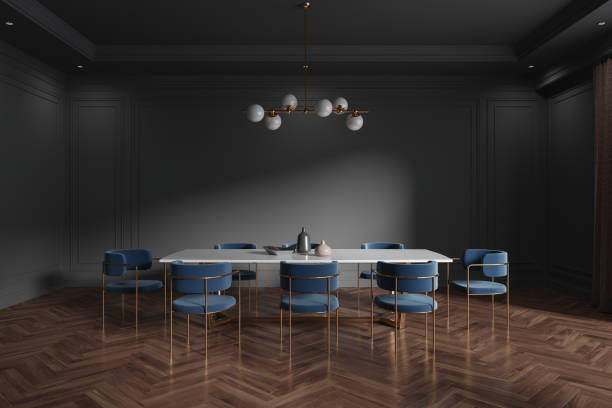 istock Minimalistic gray classic dining room with blue chairs 1675597024