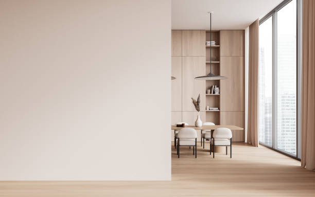 istock Home eating room interior with table and chairs, panoramic window. Mock up wall 1675597575