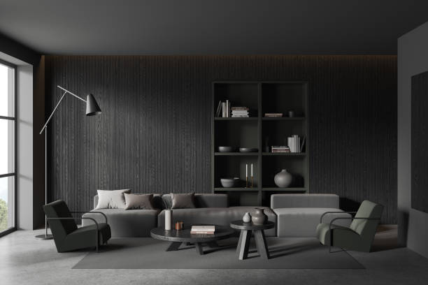 istock Grey home living room interior with couch and armchairs with shelf 1675599850