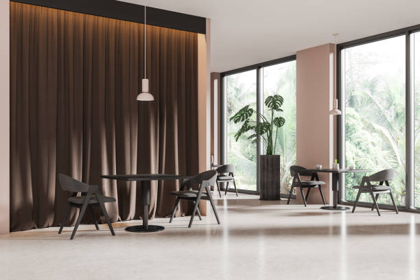istock Beige and brown cafe corner with curtains 1675602155