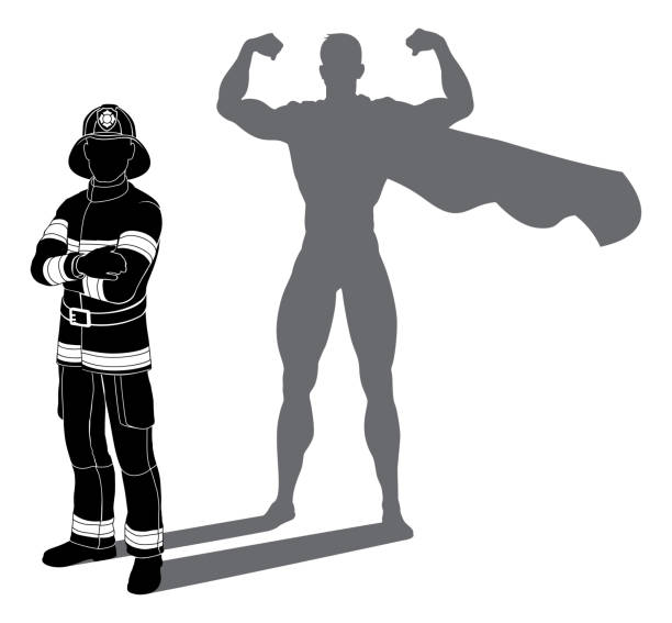 Superhero firefighter fireman Super Hero Shadow A superhero firefighter fireman man. Revealed by his shadow silhouette as a super hero in a cape. silhouette of firefighter logo stock illustrations