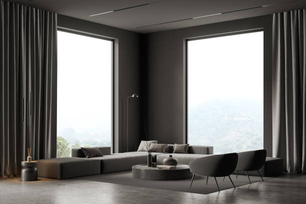 istock Gray living room interior with couch and armchairs 1675606082