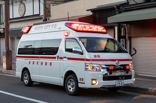 Kyoto, Japan - September 5, 2023 : An ambulance in Kyoto, Japan.