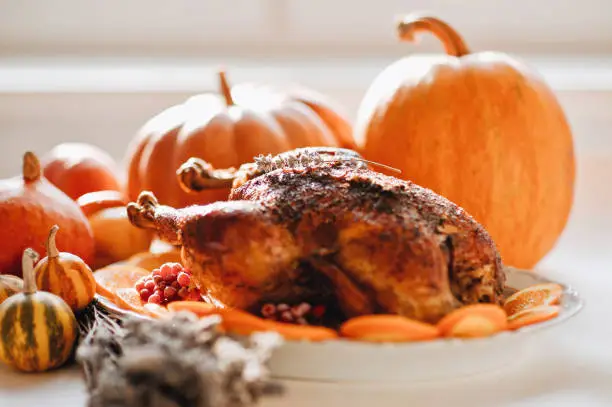 Photo of Delicious golden roasted Thanksgiving turkey on dinner table with pumpkins