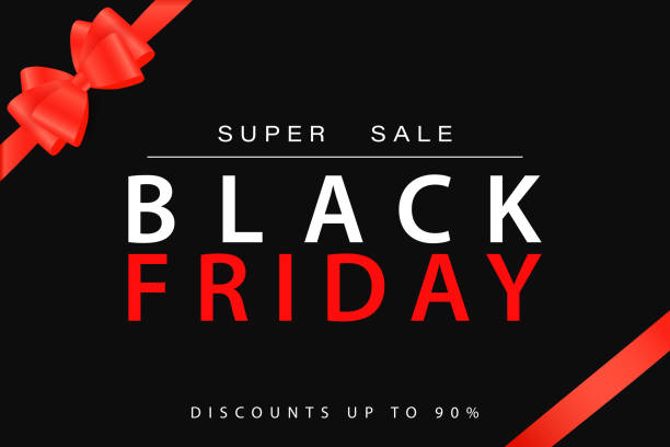 Black Friday sale design template. Horizontal banner for advertising, banners, flyers and flyers. Vector illustration Black Friday sale design template. Horizontal banner for advertising, banners, flyers and flyers-advertisers. Vector illustration. White-red text with a red bow on a black background. perfect gift stock illustrations