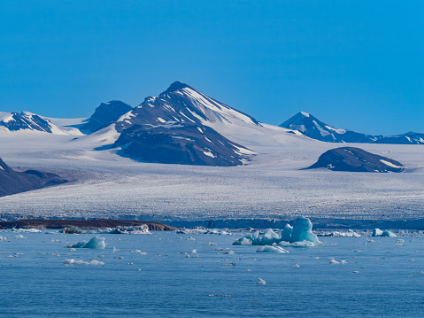 Glaciers on the Isfjorden shores near Longyearbyen, the world's northernmost settlement, Spitsbergen, Svalbard, Norway