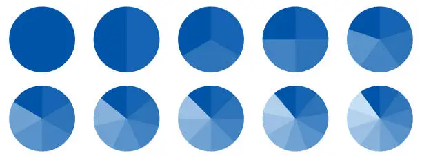 Vector illustration of Circles divided diagram 3, 10, 7, graph icon pie shape section chart. Segment circle round vector 6, 9 devide infographic